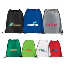 six drawsacks with different logos on the front and back, all in various colors