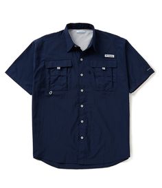 From Columbia&#x2C; this shirt features:       lightweight&#x2C; durable&#x2C; quick-dry fabric relaxed fitdesigned specifically for the needs of anglers Omni-Shade UPF 30 for maximum protection for long hours in sunbutton-down collarshort sleeveshidden vents at shoulders for bonus breathabilitybutton frontfront flap pocketsnylonmachine washImported. Outdoor Button-up Camp Shirt With Pockets, Outdoor Camp Shirt With Short Sleeves, Short Sleeve Camp Shirt With Button Closure For Outdoor, Outdoor Camp Shirt With Button Closure And Short Sleeves, Outdoor Short Sleeve Tops With Button Closure, Short Sleeve Tops With Button Closure For Outdoor, Summer Short Sleeve Shirt With Button Closure For Outdoor, Outdoor Collared Short Sleeve Shirt With Button Closure, Navy Short Sleeve Camp Shirt For Summer