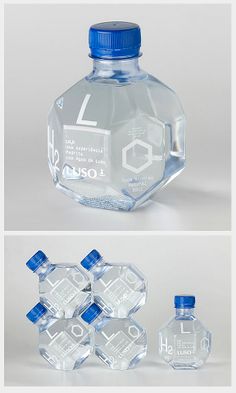 three different views of a water bottle with labels on the top and bottom, one is empty