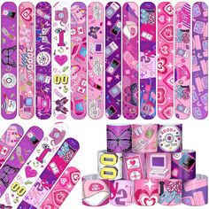 a collage of pink, purple and white items with hearts on them are arranged in rows