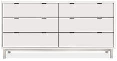 a white dresser with six drawers and two doors on the bottom, in front of a white background