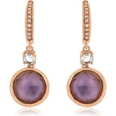 Royal 14K Rose Gold Drop Earrings with Round Amethyst and Diamond Accents - 6.50 Carat Total Amethyst Weight, 0.08 Carat Total Diamond Weight 14k Rose Gold Jewelry, Rose Gold Drop Earrings, Halo Diamond Earrings, Diamond Birthstone, Jewelry Appraisal, Luxury Earrings, Halo Earrings, Royal Jewelry, Hanging Earrings