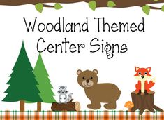 woodland themed center signs with animals and trees in the background for children's centers