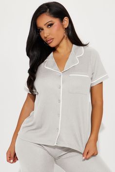 Available In Grey. 2 Piece PJ Set Collared Button Down Top Matching Pant Elastic Waistband Full Stretch Final Sale 95% Polyester 5% Spandex Imported | Chill Vibes Only Ribbed PJ Pant Set in Grey size 1X by Fashion Nova Stretch Tops With Button Closure For Loungewear, Stretch Tops With Buttons For Loungewear, Stretch Bottoms With Buttons For Loungewear, Casual Sleepwear With Button Closure For Lounging, Tops With Button Closure For Loungewear, Solid Color Tops With Button Closure For Loungewear, Casual Collared Sleepwear With Button Closure, Pj Pant, Search By Photo