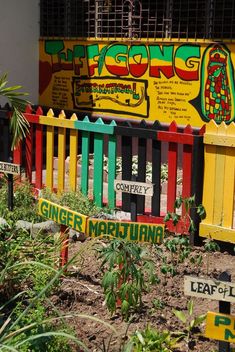 there is a colorful fence with signs on it