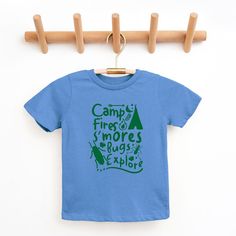 Looking for a cute tee for your kids? We have the perfect Camp Fire S'mores graphic tee addition to their closet! Also available in youth tees. Blue Cotton Tops For Camping, Camp Shirt Designs, Camp Shirts, 4 Birthday, Daisy Girl Scouts, Daisy Girl, Camp Fire, Kids Church, Columbia Blue