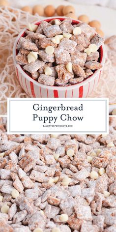 a red and white striped bowl filled with gingerbread puppy chow next to some peanuts