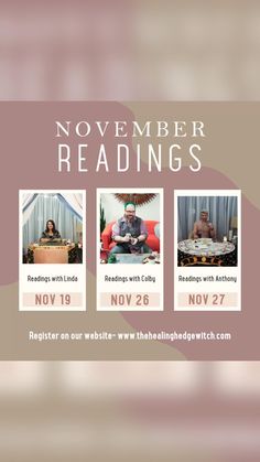 an advertisement with three people sitting at a table and the words november readings on it