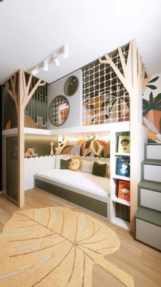 a bedroom with bunk beds and stairs leading up to the second floor, along with bookshelves