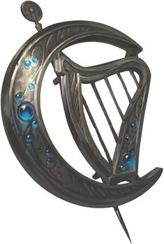 a metal sculpture with blue glass beads on it's sides and a harp in the middle