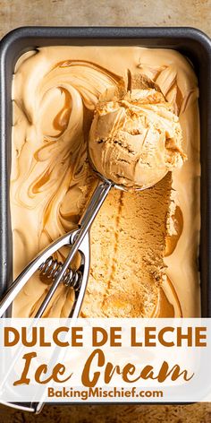 a scoop of ice cream with a spoon in it and the words, dulce de leche ice cream