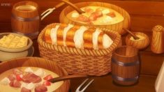 a painting of bread and other foods on a table with utensils in front of it