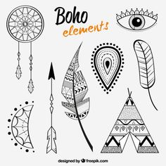 the boho elements are drawn in black and white with an arrow, feathers, and arrows