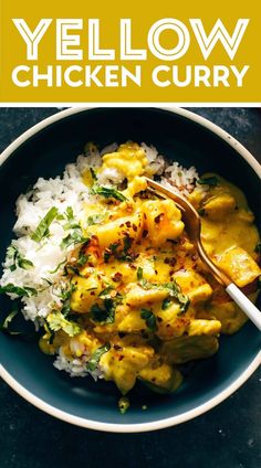 yellow chicken curry in a bowl with rice and cilantro