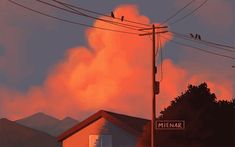 a painting of birds sitting on power lines in front of a red sky with clouds