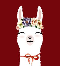 an alpaca with flowers on its head is wearing a red ribbon and smiling