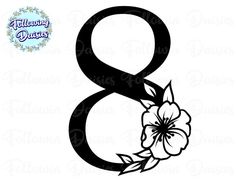 the number 8 with flowers in black and white