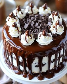 a chocolate cake topped with whipped cream and chocolate sauce