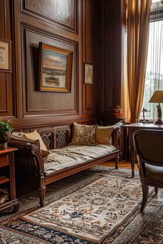 a living room with wood paneling and ornate furniture in the center, along with a rug on the floor