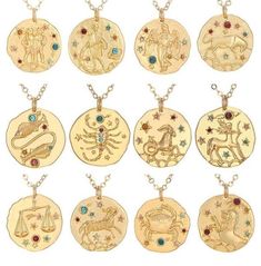 Crystal Zodiac, Horoscope Necklace, Gold Coin Necklace, Zodiac Pendant, Zodiac Jewelry, Rainbow Crystal, Zodiac Necklaces, Jewelry Design Necklace, Gold Crystal