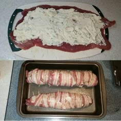 bacon wrapped in cream cheese on top of a baking sheet and another image of the same food