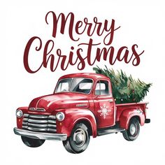 an old red truck with a christmas tree in the back and merry lettering on it