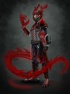 a man dressed in armor and holding a red dragon on his right hand while standing next to a black background