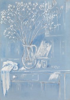 a blue painting with white flowers in a vase