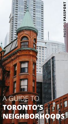 the front cover of a guide to toronto's neighbourhoods, with buildings in the background