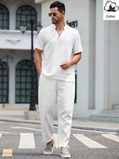 White Casual Collar   Plain  Embellished Non-Stretch  Men Clothing All White Fits For Men, All White Fits, White Shirt Men, Shorts Casual, Clothes Style, Men Shirt, White Outfits, Kids Beachwear