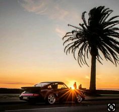 a car parked on the side of the road next to a palm tree at sunset