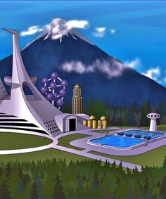 an artistic rendering of a futuristic city with mountains in the background and trees around it