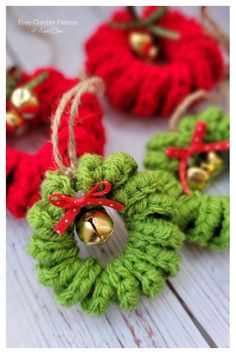 crocheted ornaments with bells hanging from them