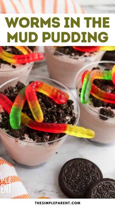 three desserts with candy worms in the mud pudding