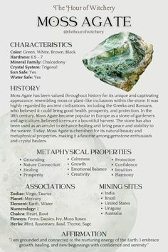 spiritual | crystals | moss agate Moss Agate Magical Properties, Miss Agate Meaning, Dirt Magical Properties, Green Moss Agate Meaning, Moss Agate Properties, Moss Agate Crystal Meaning, Moss Agate Meaning, Moss Agate Healing Properties