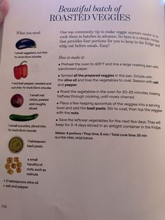 the back side of a recipe book with instructions on how to make roasted veggies