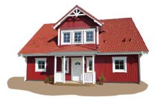 a red house with a white door and windows on the front porch is shown in this image