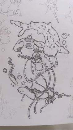 a drawing of a cartoon character with an octopus on it's back and other animals in the background