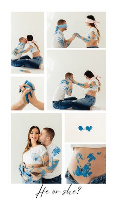 a man and woman are sitting on the ground with blue paint all over their body