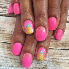 Pineapple Gel Nails, Pineapple Nail Art Designs, Summer Nails With Fruits, Luau Nails Hawaiian, Hawaiian Nail Ideas, Pineapple Nails Design, August Colors Nails, Popsicle Nails, Luau Nails