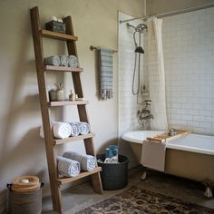 a bath room with a ladder next to a tub and a rug on the floor