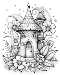 a black and white drawing of a fairy house with flowers on the outside, surrounded by stars