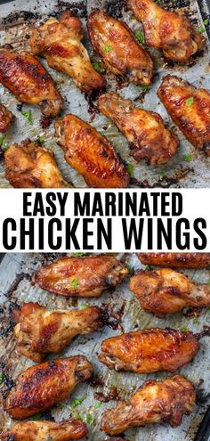 easy marinated chicken wings on a grill with text overlay that reads easy marinated chicken wings