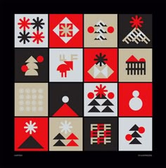 a black and red poster with different geometric designs on it's sides, all in squares