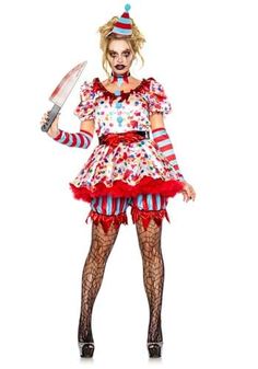 a woman in clown costume holding a knife