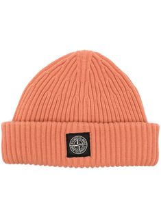 peach orange virgin wool ribbed knit signature Compass motif logo patch to the front turn-up hem pull-on style Stone Island Beanie, Stone Island Hat, Patch Beanie, Stone Accessories, Orange Hats, Frederique Constant, Aviator Watch, Bell & Ross, Grey Beanie