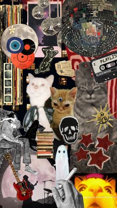 a collage of pictures with cats and other things