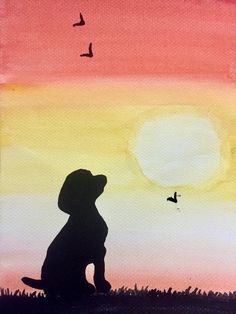 a painting of a dog sitting in front of a sunset with birds flying over it