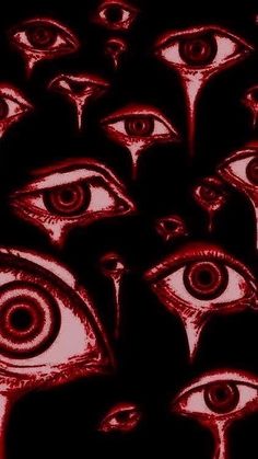 an image of many different eyes in red and black colors on a dark background,