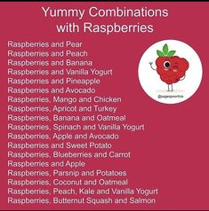 the yummy combinations with raspberries recipe is shown on a red and white background